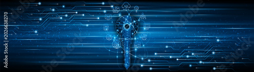Circuit board key technology. The concept of encryption for cybersecurity and data privacy. Innovative secure technology.