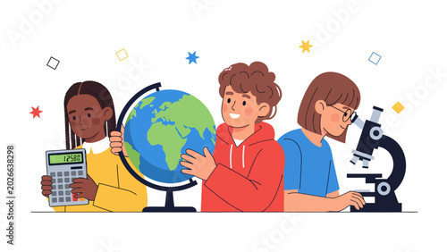 Cuadro en lienzo Curiosity Unveiled: Three children, diverse in appearance, engage with educational tools: a calculator, a globe, and a microscope, symbolizing the exploration of knowledge and the world