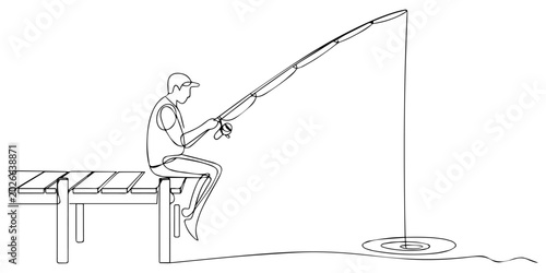 Schilderij op canvas One single line drawing of young happy fisher man standing and flyfishing at the wooden dock pier vector illustration