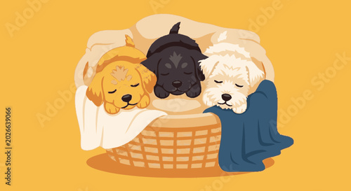 Three cute puppies sleeping in a basket with blankets