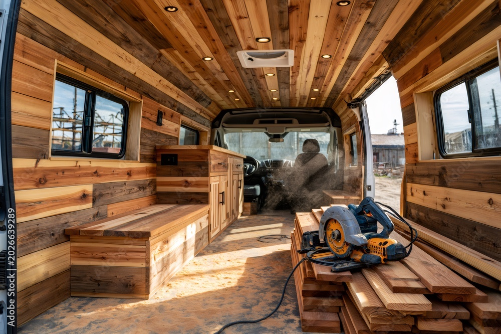 Fototapeta premium Van life conversion with wood paneling and carpentry tools