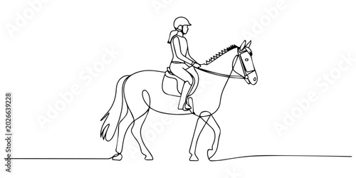 Foto One line drawing of beautiful female rider on an elegant horse at gentle walk, r