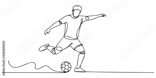 Foto Minimalist continuous one line art drawing soccer player kicking a ball, soccer player striker taking a free kick during a game