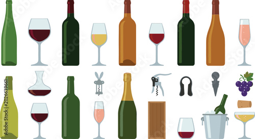 Bild auf Leinwand Wine Bottle and Glass Collection Vector Illustration Featuring Red Wine Champagn