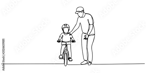 Bild auf Leinwand Single one line drawing man father running and assisting boy son child on a bicycle