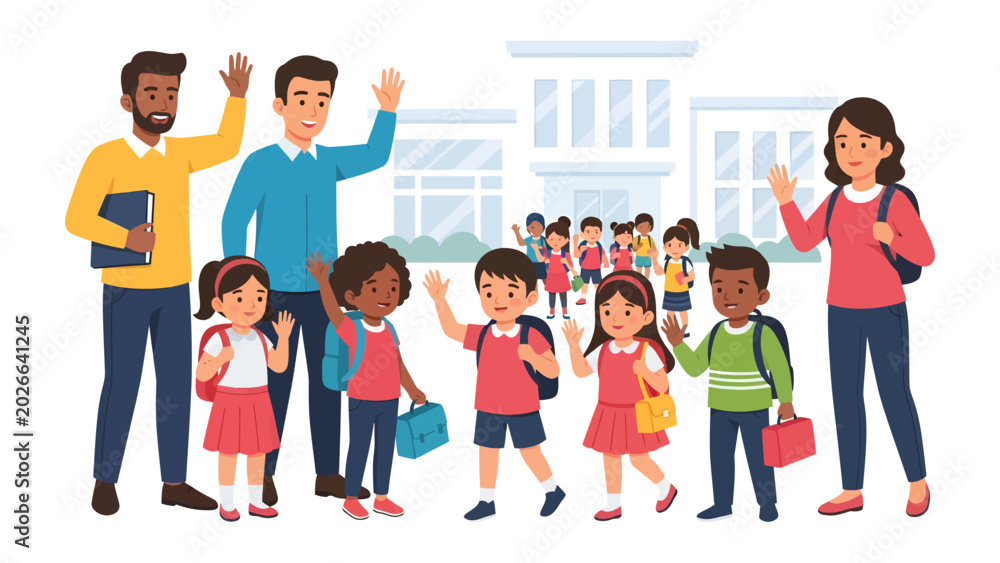 Obraz premium First Day of School Joy: A vibrant illustration depicting teachers and diverse children waving hello outside a school building, filled with excitement and anticipation for the new academic year.