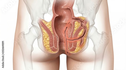 Anal fistula medical visualization showing abnormal tunnel passing through sphincter muscle inside ghostly pelvic contour for clinical diagnostic proctological illustration