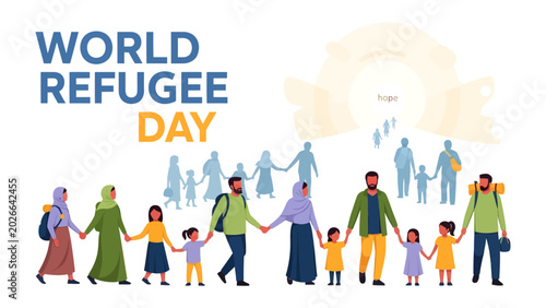 Slika na platnu World Refugee Day: A powerful illustration depicting families holding hands, symbolizing unity and the journey of refugees in observance of World Refugee Day