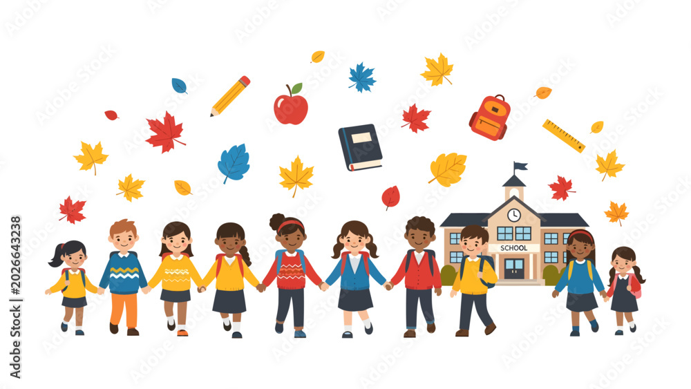 Fototapeta premium School Days Ahead: A vibrant illustration of diverse schoolchildren, hand-in-hand, standing before a classic school building. Accompanying them are autumnal leaves, school supplies, and a backpack.