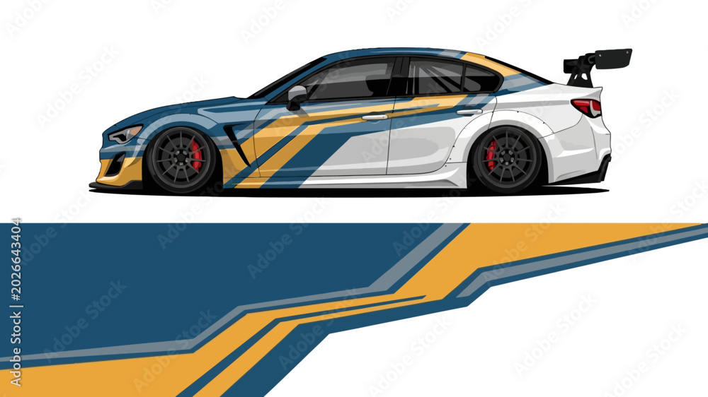 Fototapeta premium Sleek racecar with blue and yellow livery featuring dynamic stripes and aerodynamic design.