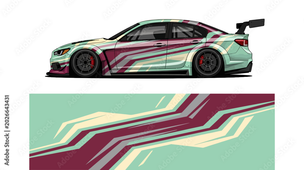 Obraz premium Bold custom wrapped race car featuring geometric abstract graphics and vivid color palette.