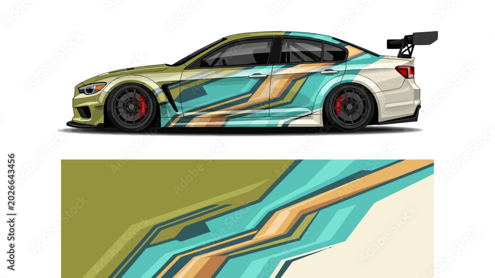Fototapeta premium Vibrant teal and orange racecar wrap with dynamic stripes highlighting speed and aero design.
