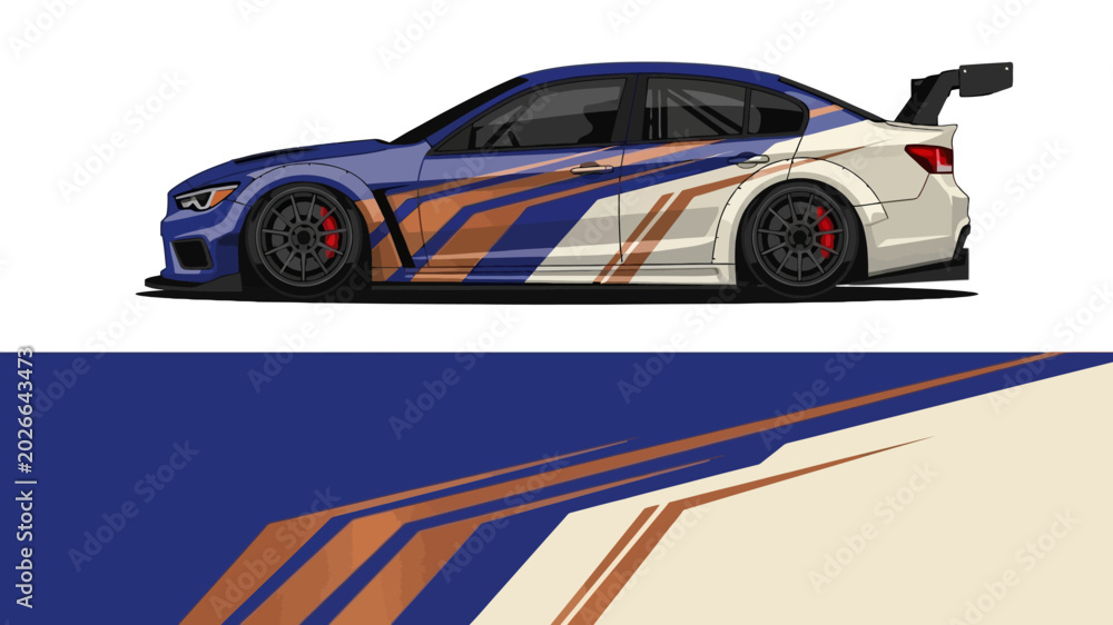 Obraz premium Side view of a high-performance race car with blue, white and orange livery and aerodynamic decals.