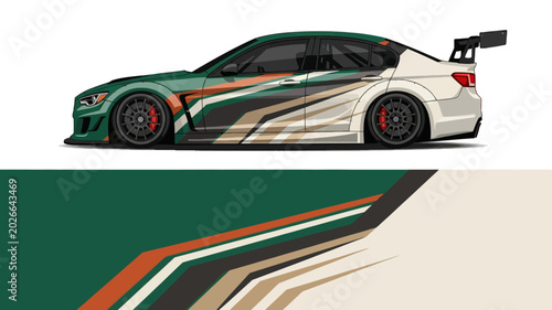 Side view of a customized race car showcasing bold vinyl graphics and racing stripes.