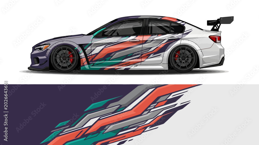 Naklejka premium High-speed race car with colorful abstract livery and aerodynamic design in motion.