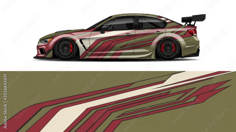 Obraz premium High performance sports car adorned with bold red and gold racing wrap.