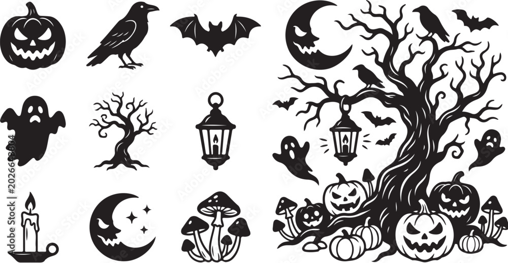 Obraz premium Halloween icons and symbols in black and white