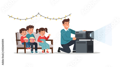 Fotografija Family Movie Night Delight: A father sets up a projector for a cozy family movie night, with his children eagerly watching, popcorn in hand, under festive fairy lights