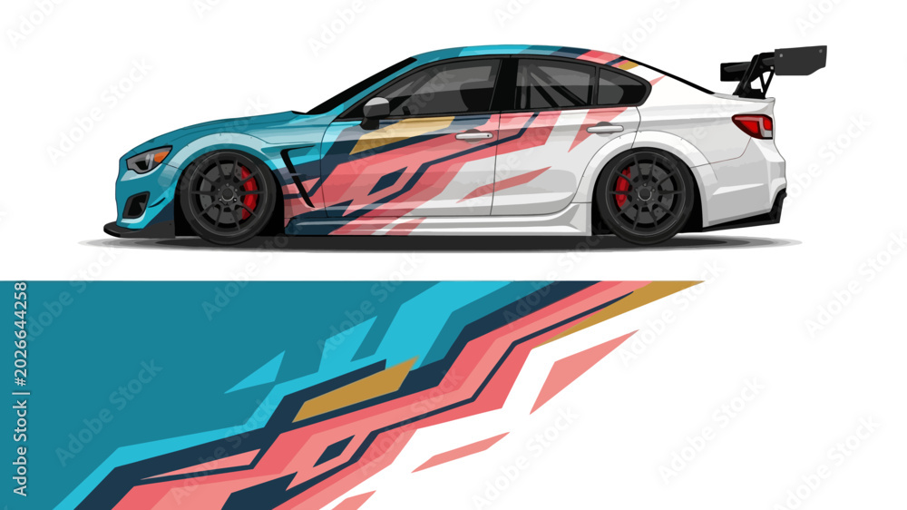 Obraz premium High-speed race car with dynamic colorful livery and striking graphic decals on a sleek racing vehicle.