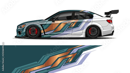 Foto Sleek customized race car with orange and blue graphics in a detailed side profile view