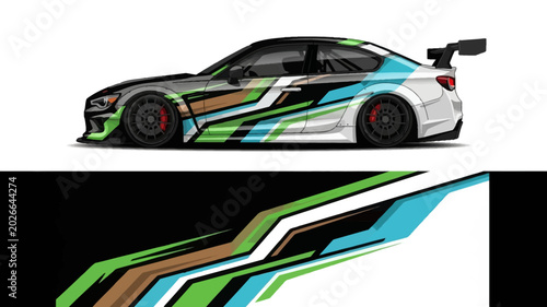 Canvas Print Side view of a race car with bold blue and green graphic livery and spoiler
