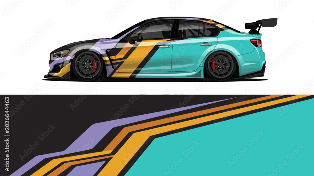 Obraz premium Side View of a Custom Racing Car with Bold Geometric Wrap in Teal, Purple, and Orange.