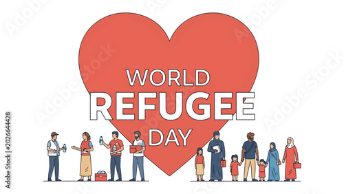 Schilderij op canvas World Refugee Day: A symbol of hope and solidarity, this illustration depicts a community coming together to support refugees on World Refugee Day