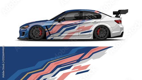 Foto High‑speed blue and red graphic race car with aerodynamic livery and rear spoiler on track