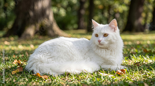 Canvas Print White long-haired cat with striking amber eyes resting peacefully on a sunny autumn lawn, photograph