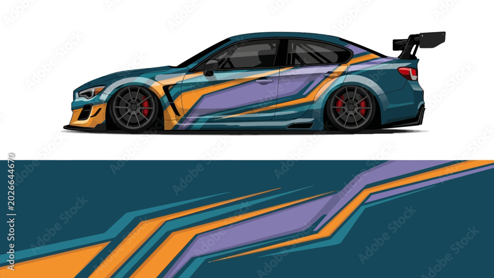 Fototapeta premium Colorful sports car illustration featuring geometric lines and bold racing design.