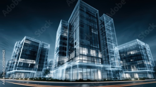 Wireframe rendering overlay displayed on an actual building facade, showcasing architectural design integration with real-world urban environment.