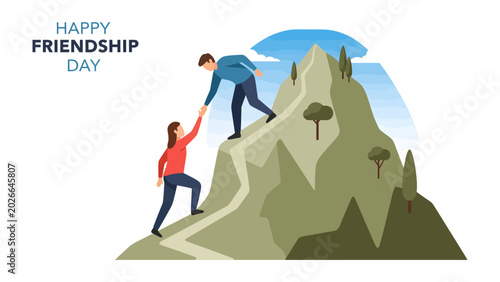 Obraz na płótnie Helping Hand on Friendship Day: Two friends ascend a challenging mountain path, one reaching down to help the other, symbolizing support and camaraderie on Friendship Day