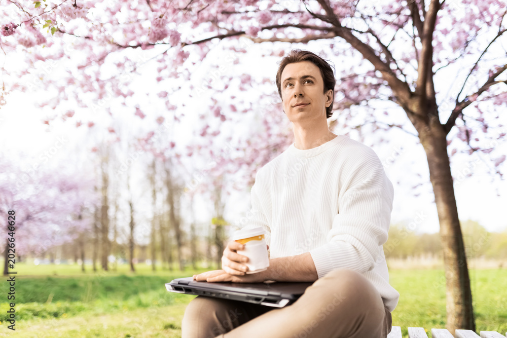 Obraz premium A male freelancer takes a relaxing coffee break from remote work outdoors, sitting on a park bench with his laptop under blooming pink cherry blossom trees in spring.