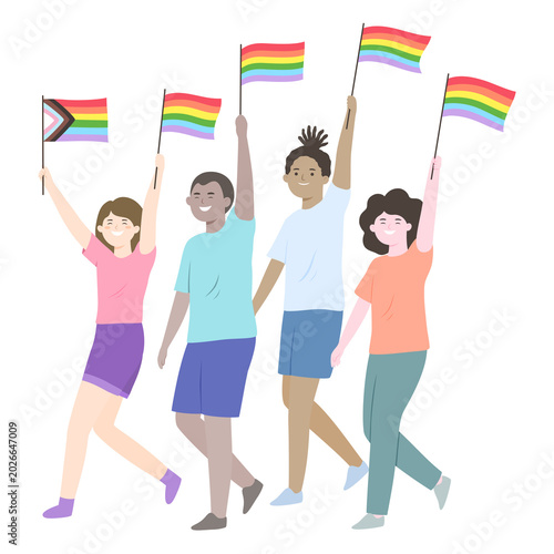 Diverse People Marching with Rainbow Flags Pride Parade Illustration