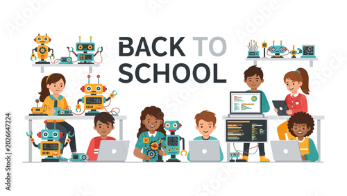 Vászonkép Robots and Robotics Class: Children engage in a futuristic robotics class, assembling and programming robots, with Back to School text symbolizing the new academic year and technological learning