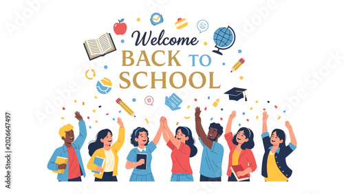 Photos Back to School Excitement: A vibrant illustration depicting a diverse group of students celebrating their return to school, with colorful confetti and school supplies adorning the scene