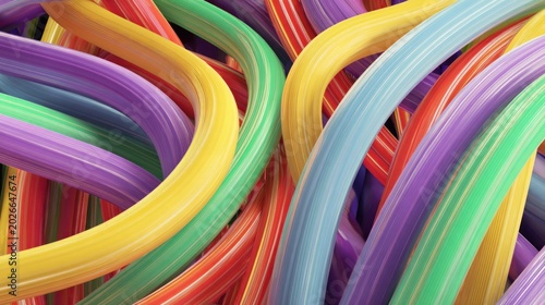 Colorful intertwined tubes with various hues forming a vibrant abstract design