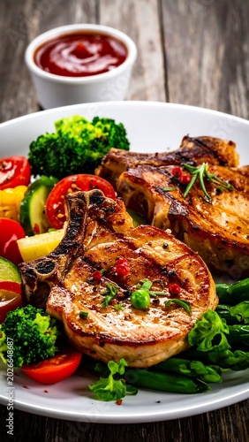 Grilled pork chops with vegetables served on a white plate ready to eat