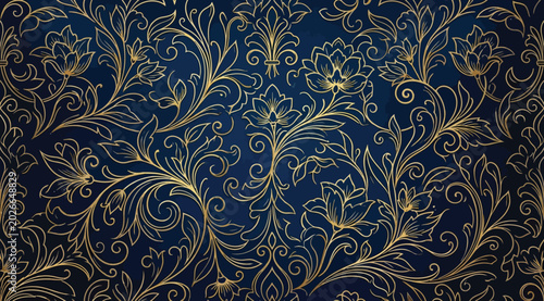 Bilde på lerret Elegant gold floral damask pattern on a dark blue background, sophisticated luxu