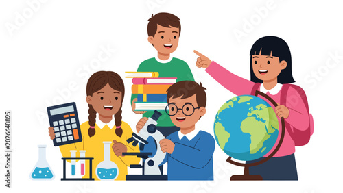Curious Minds in Learning: A group of diverse children engaged in educational activities, with a girl pointing at a globe and others using a microscope, calculator, and test tubes.