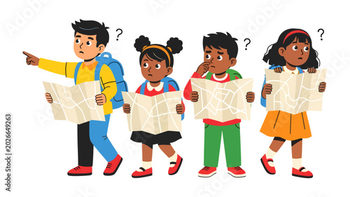 Fotografía Lost Kids with Maps: A group of diverse children look confused as they study maps, unsure of their direction, symbolizing the challenges of navigation and the need for guidance