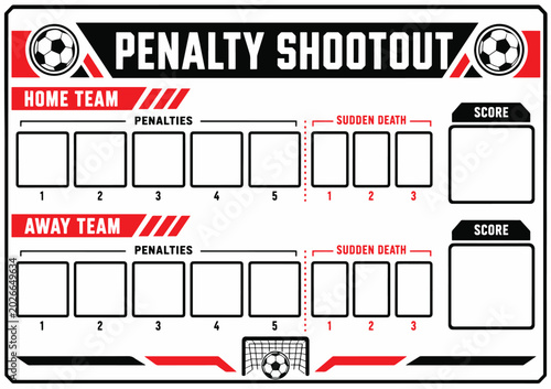 Soccer penalty shootout score sheet with home and away teams penalties and sudden death