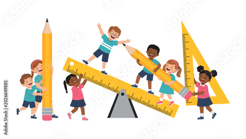 Tableau sur toile Children Playing with School Supplies: Diverse children gleefully interact with oversized school supplies, embodying the joy and fun of learning and creativity