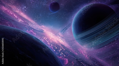 Abstract cosmic artwork featuring nebulae and celestial bodies on dark background