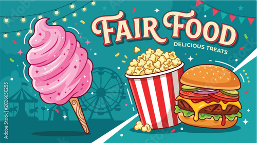 Colorful fair food treats including a pink cotton candy ice cream cone, popcorn, and a cheeseburger on a vibrant