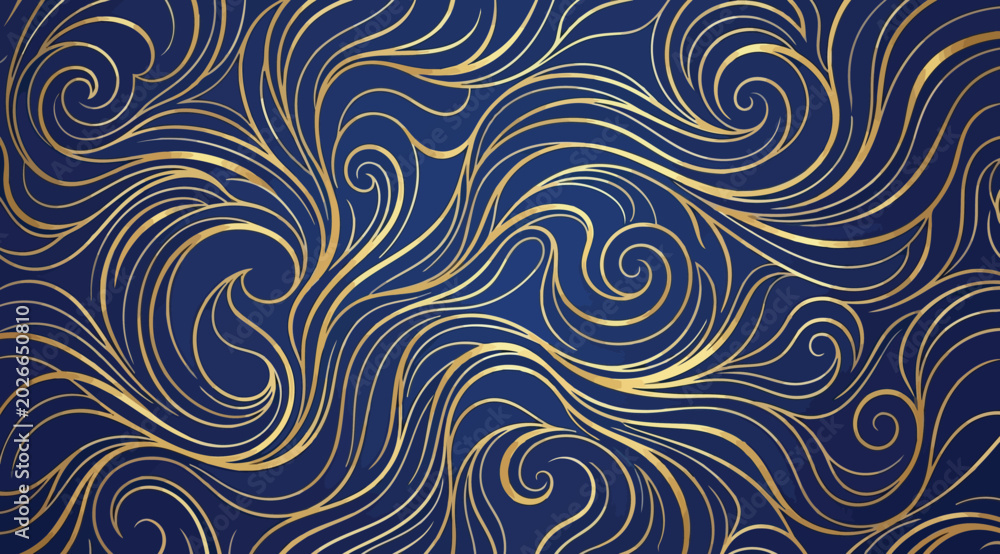 Fototapeta premium Abstract golden wave pattern on vibrant blue background, flowing luxury lines