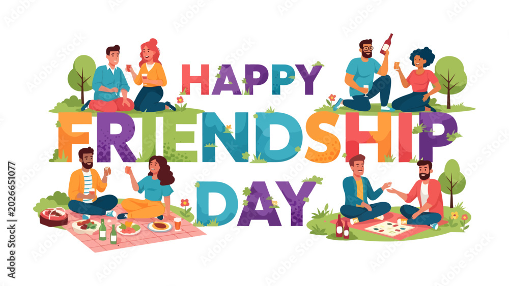 Obraz premium Happy Friendship Day Celebration: Diverse group of friends enjoying a picnic outdoors to celebrate friendship day with big colorful text.