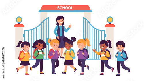 Foto First Day at School: A smiling teacher welcomes a diverse group of cheerful children, each carrying a backpack, as they enter the school gates on their first day