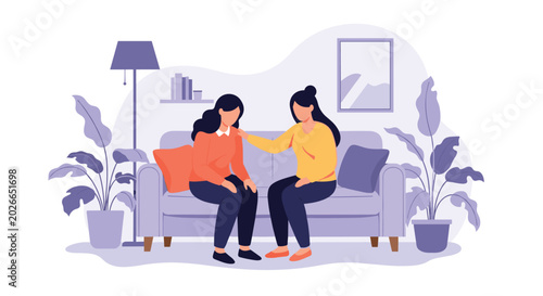 Caring woman offering emotional support to a sad friend sitting on a sofa in a comfortable living room setting with plants.
