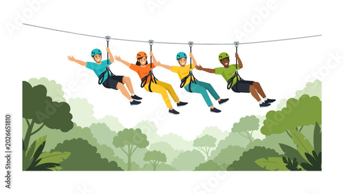 Photos Zipline Adventure through Lush Canopy: Four adventurers experience the thrill of ziplining as they soar through a vibrant green forest, enjoying breathtaking views and a sense of exhilarating freedom